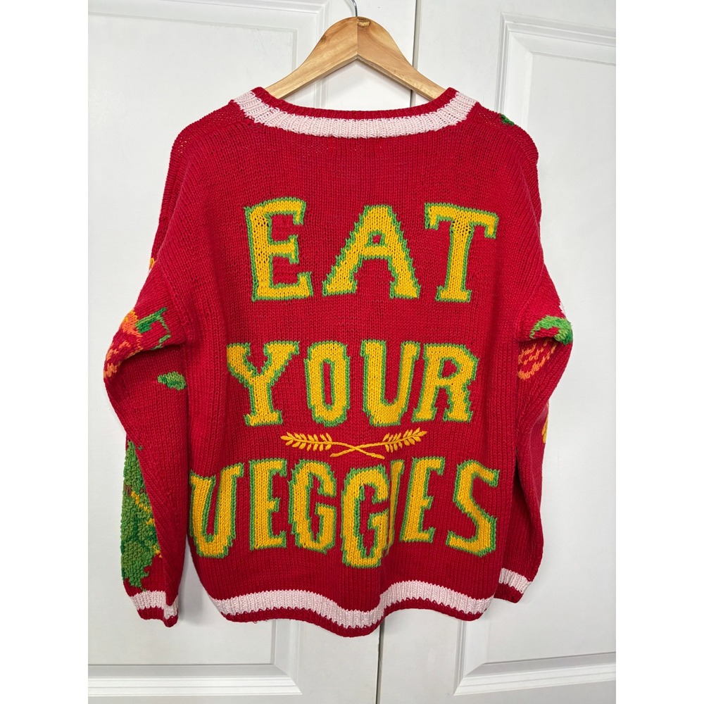 Vintage 1991 The Eagles Eye Eat Your Veggies Vegetable Red Knit Sweater Medium - Picture 6 of 8